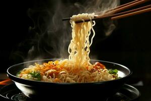 Chopstick held noodles emit steam and smoke against a dark backdrop AI Generated photo