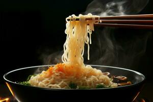 Chopstick held noodles emit steam and smoke against a dark backdrop AI Generated photo