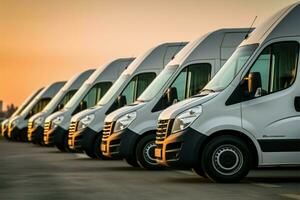 Commercial delivery vans aligned in a row, a service providers pride AI Generated photo