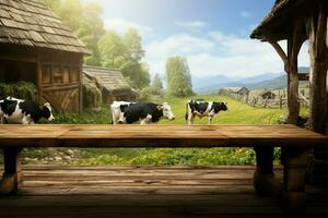 vacas disfrutar un rústico de madera espacio, personificando pastoral serenidad ai generado foto