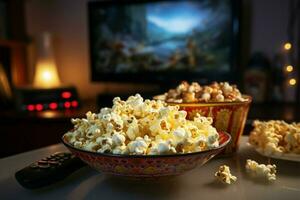 acogedor película noche a hogar, con palomitas de maiz y un televisión ai generado foto