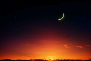 Crescent moon, star, twilight sky, orange sunlight, space for Arabic text AI Generated photo