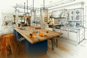 Creating a harmonious blend of kitchen design sketch and photo AI Generated