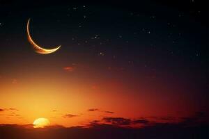 Crescent moon, star, twilight sky, orange sunlight, space for Arabic text AI Generated photo