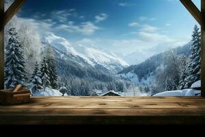 escritorio cubierto en copos de nieve, con un pintoresco invierno paisaje fondo ai generado foto