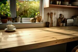 Desk with ample free space framed by a cozy kitchen AI Generated photo