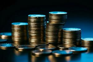 Detailed view of coin pile and stack, black background, blue filter AI Generated photo