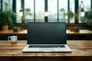 Empty laptop screen atop a wooden table, awaiting your input AI Generated photo