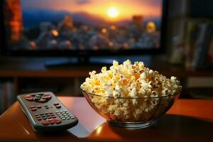 noche comodidad palomitas de maiz lleno cuenco y un trabajando televisión en ver ai generado foto