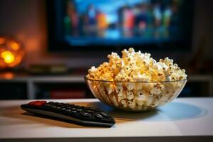 noche comodidad palomitas de maiz lleno cuenco y un trabajando televisión en ver ai generado foto