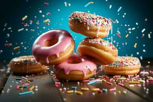 Flying sweet treats Donuts with vibrant sprinkles on a blue canvas AI Generated photo