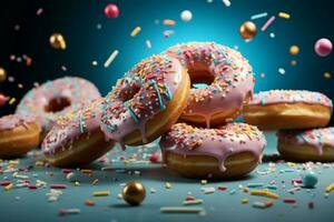Flying sweet treats Donuts with vibrant sprinkles on a blue canvas AI Generated photo