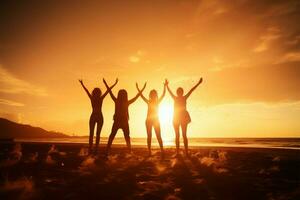 Friends create lasting memories, silhouetted by a captivating sunset AI Generated photo