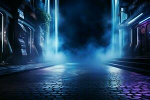 un solitario calle a noche, iluminado por neón matices y focos ai generado foto