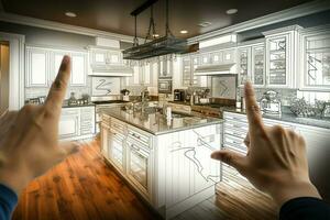 Hands framing a custom kitchen design, merging drawing and photo AI Generated