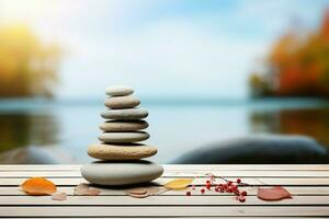 A stack of pebbles resting on wood, evoking spa and relaxation AI Generated photo