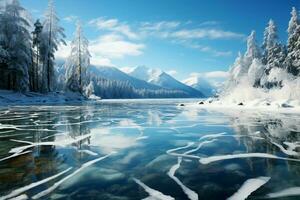 Icy blue lake, cracked surface, and wintry pine covered hills under clear skies AI Generated photo