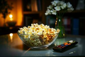 en un acogedor noche, un vaso cuenco de palomitas de maiz espera televisión ai generado foto