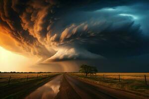 In the heart of the Great Plains, a formidable thunderstorm AI Generated photo