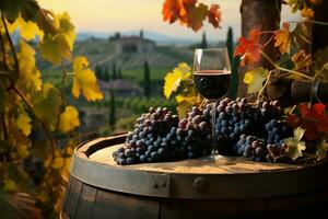 In a lush vineyard, red wine and a barrel offer scenic beauty AI Generated photo