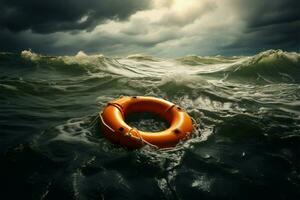 In tumultuous waters, an orange life buoy floats on a stormy day AI Generated photo