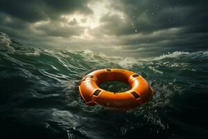In tumultuous waters, an orange life buoy floats on a stormy day AI Generated photo