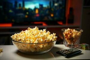 en un acogedor noche, un vaso cuenco de palomitas de maiz espera televisión ai generado foto