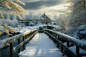 In winters embrace, a wooden bridge spans across a snowy landscape AI Generated photo