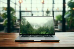 Laptop on wooden surface, screen empty, workspace prepared for tasks AI Generated photo