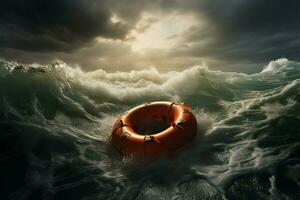 Life buoy teetering in a stormy sea under gray turbulent skies AI Generated photo