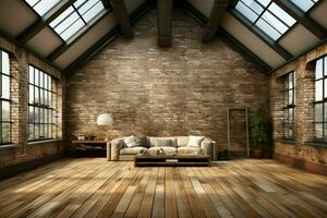 Loft inspired space with abundant light, modern decor, wood floors, brick walls AI Generated photo