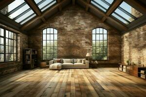 Loft inspired space with abundant light, modern decor, wood floors, brick walls AI Generated photo