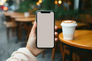 Mockup of woman enjoying coffee, holding a blank white phone AI Generated photo