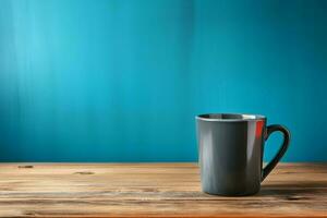 Mug of black coffee on wooden surface, complemented by blue background AI Generated photo