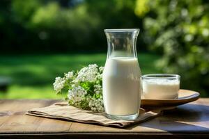 Natural milk and plant based options on rustic wooden table outdoors AI Generated photo