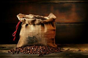 Old world charm Coffee sack against a brown, weathered wall AI Generated photo