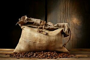 antiguo mundo encanto café saco en contra un marrón, resistido pared ai generado foto