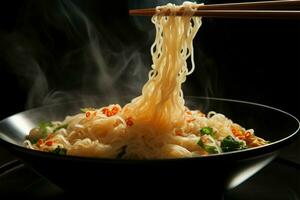 Noodles lifted by chopsticks, with enticing steam, against black background AI Generated photo