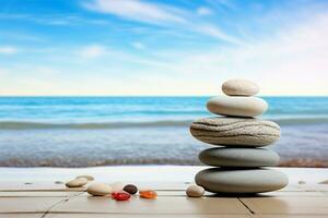 Pebble stack by the sea, a tranquil spa inspired beach tableau AI Generated photo