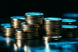 Pile of coins, stacked high, black backdrop, tinted blue, financial concept AI Generated photo