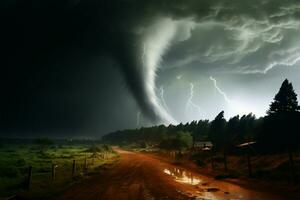 poderoso tornado un fuerza de naturalezas feroz y destructivo energía ai generado foto