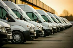 Row of commercial delivery vans parked, emblematic of transporting services AI Generated photo