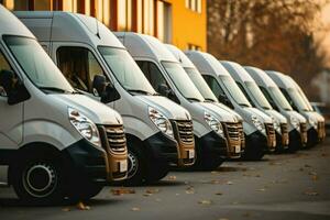 Row of commercial delivery vans parked, emblematic of transporting services AI Generated photo