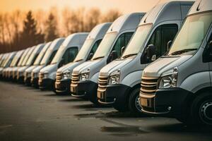 Row of commercial delivery vans parked, emblematic of transporting services AI Generated photo