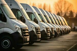 Row of commercial delivery vans parked, emblematic of transporting services AI Generated photo