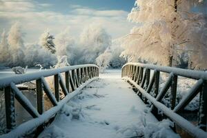 A winter wonderland scene a snowy, wooden bridge on a cold day AI Generated photo