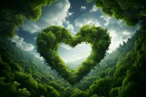 cielo mediante bosque copas de los árboles en un corazón forma, maravilloso ilustración ai generado foto