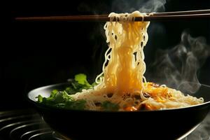Smoky, steamy noodles held by chopsticks, contrasting against black canvas AI Generated photo