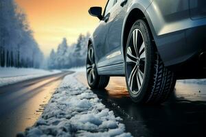 exhibiendo prístino invierno llantas en contra un Nevado la carretera para óptimo tracción ai generado foto