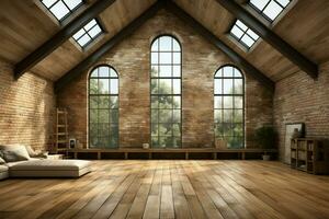 Spacious loft inspired chamber large window, contemporary decor, wooden floors AI Generated photo